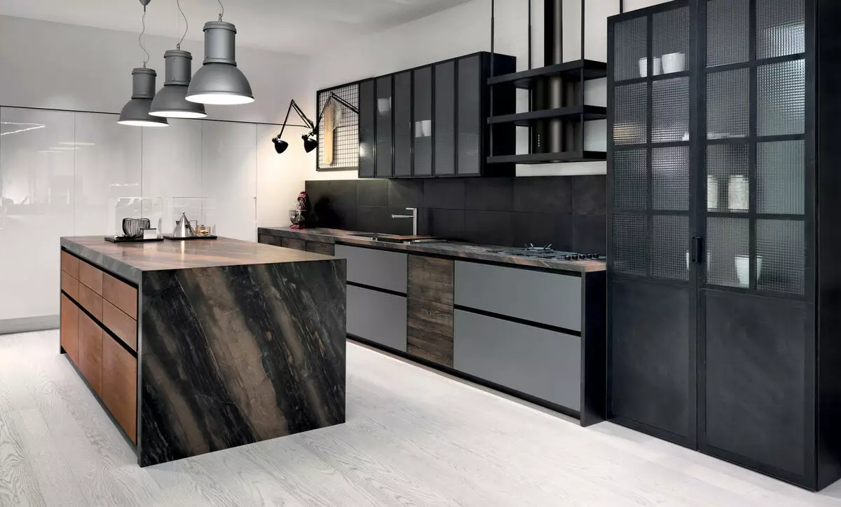 Loft Style Kitchen (99 fotos): cuina de cantonada situada en disseny d'interiors, cuina blanca i grisa, cuines modulars a l'apartament, cortines i aranyes adequades 21160_62