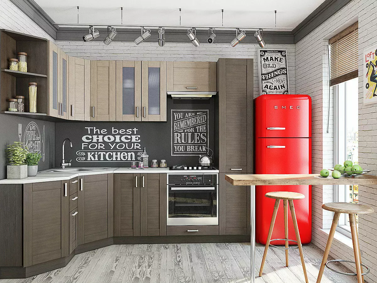 Cociña do estilo Loft (99 fotos): cociña de canto en deseño de interiores, cociña branca e gris, cociñas modulares no apartamento, cortinas e lámpadas axeitadas 21160_66