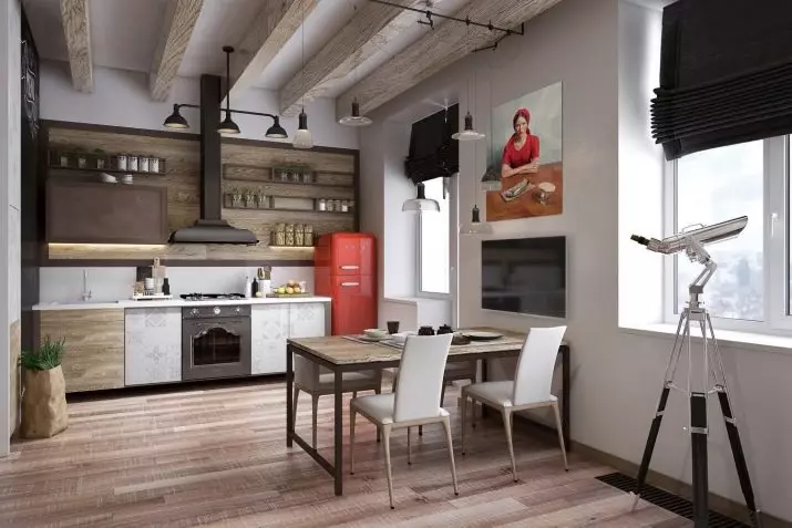 Loft Style Kitchen (99 fotos): cuina de cantonada situada en disseny d'interiors, cuina blanca i grisa, cuines modulars a l'apartament, cortines i aranyes adequades 21160_96