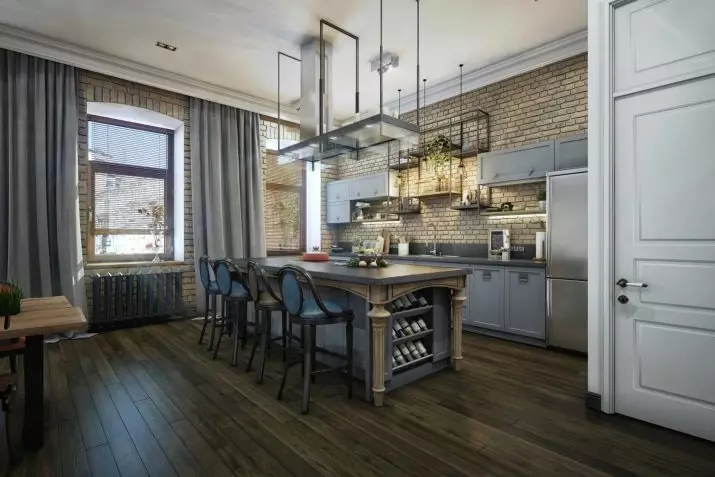 Loft Style Kitchen (99 fotos): cuina de cantonada situada en disseny d'interiors, cuina blanca i grisa, cuines modulars a l'apartament, cortines i aranyes adequades 21160_98