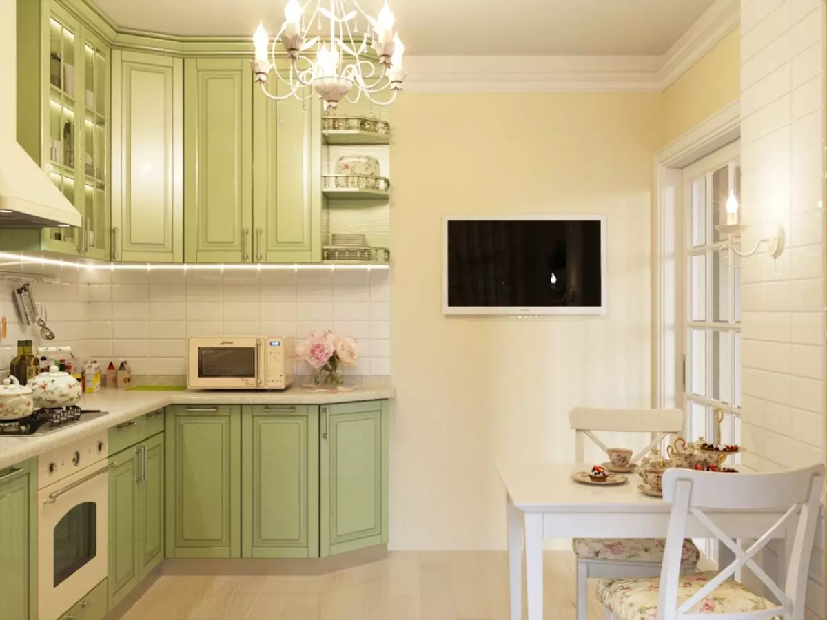Provence cozinha (130 fotos): design de interiores cozinha branco, fone de ouvido de cozinha em estilo de oliveira. Como organizar as paredes? Como decorar a sala com flores e pinturas? 21162_11