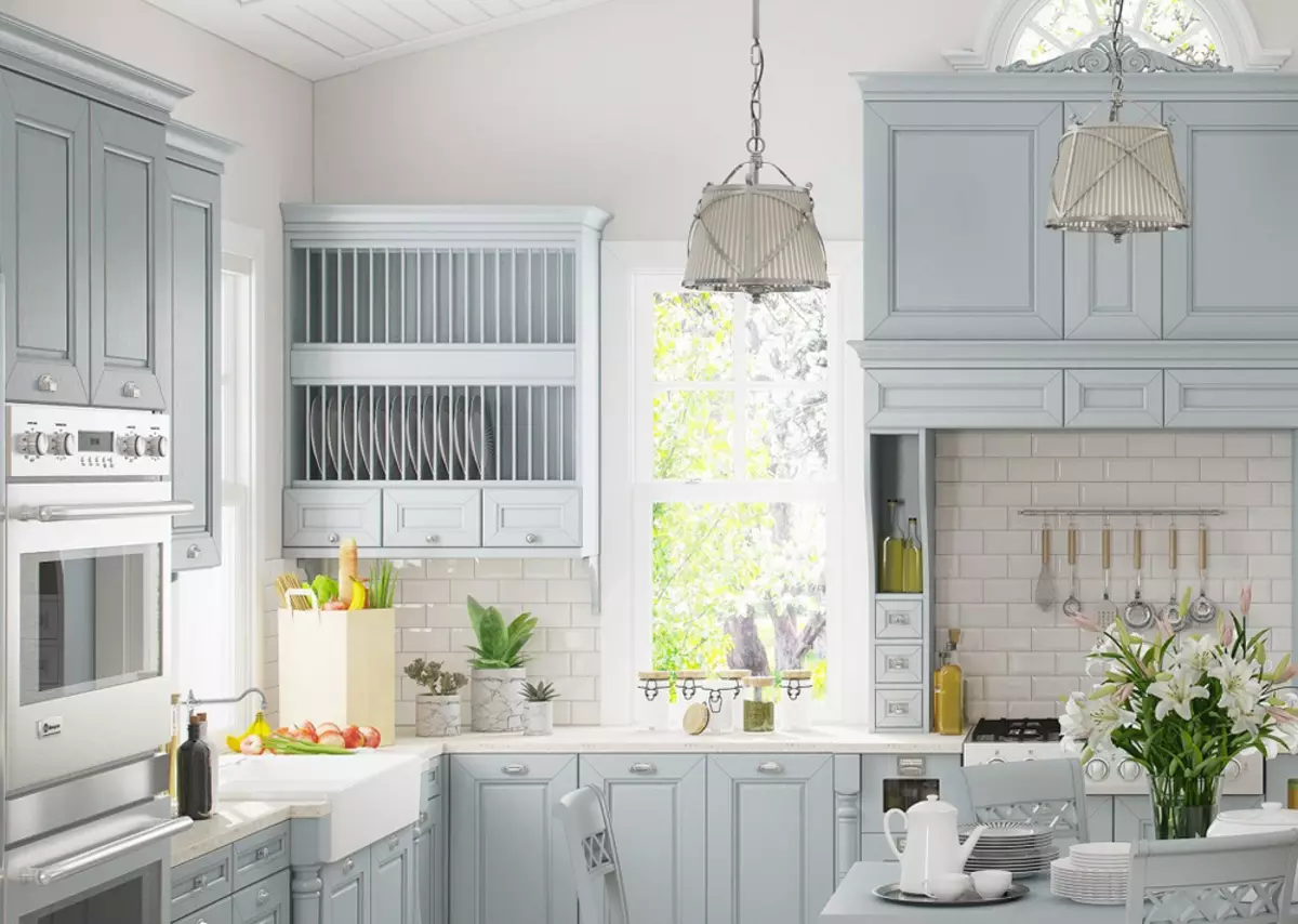 Cocina de Provence (130 fotos): Deseño de interiores de cociña branca, auriculares de cociña en estilo de oliva. Como organizar as paredes? Como decorar a sala con flores e pinturas? 21162_114