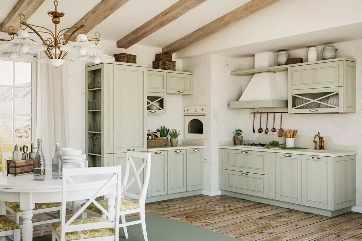 Provence Kitchen (130 fotoğraf): Beyaz mutfak iç tasarım, zeytin tarzında mutfak kulaklık. Duvarları nasıl düzenlenir? Odayı çiçekler ve resimlerle süslemek nasıl? 21162_18