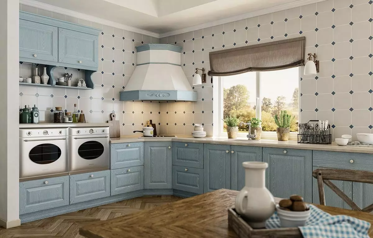 Provence cozinha (130 fotos): design de interiores cozinha branco, fone de ouvido de cozinha em estilo de oliveira. Como organizar as paredes? Como decorar a sala com flores e pinturas? 21162_26