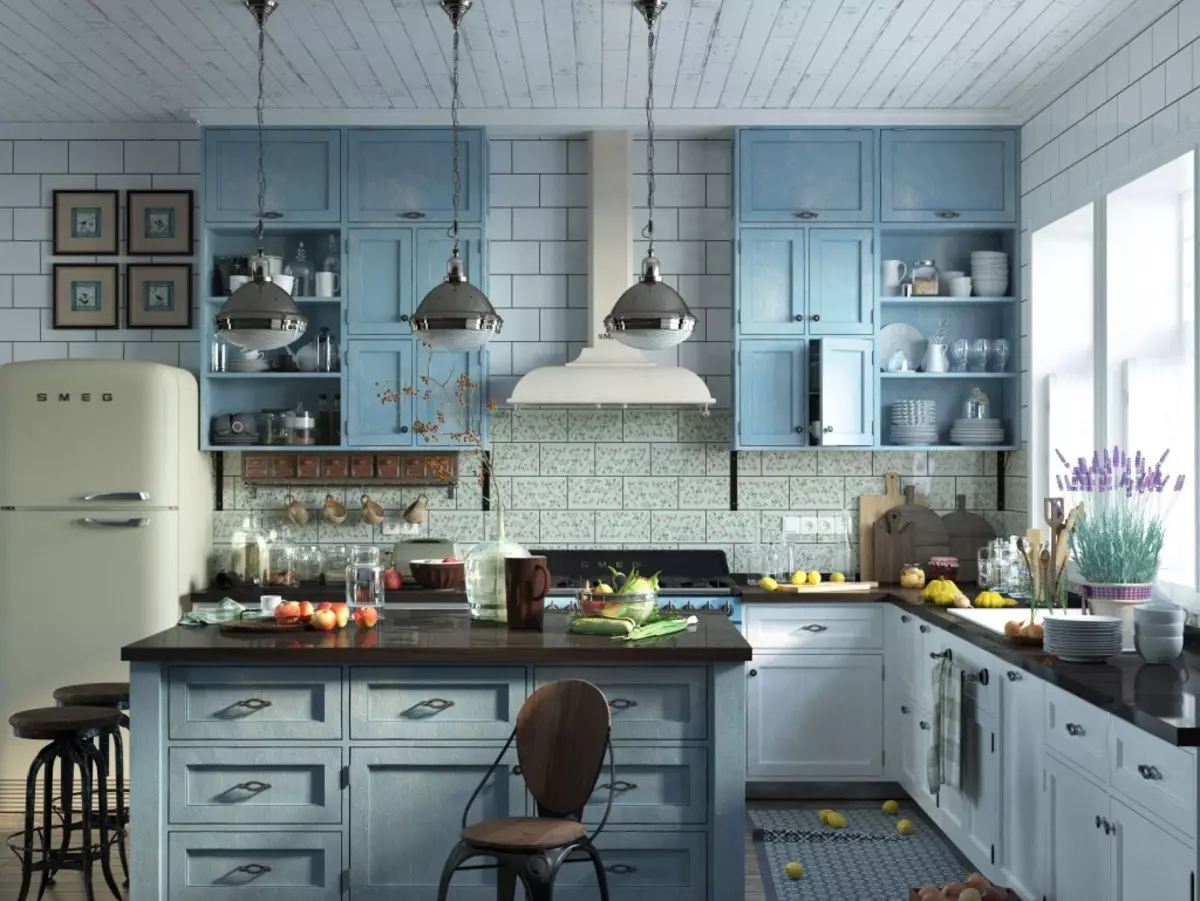 Dapur Provence (130 foto): Reka bentuk dalaman dapur putih, alat dengar dapur dalam gaya zaitun. Bagaimana untuk mengatur dinding? Bagaimana untuk menghiasi bilik dengan bunga dan lukisan? 21162_3