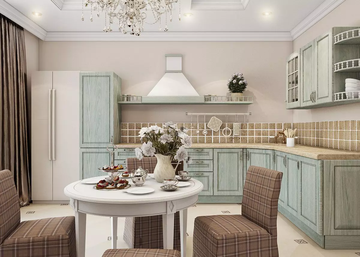 Cocina de Provence (130 fotos): Deseño de interiores de cociña branca, auriculares de cociña en estilo de oliva. Como organizar as paredes? Como decorar a sala con flores e pinturas? 21162_30