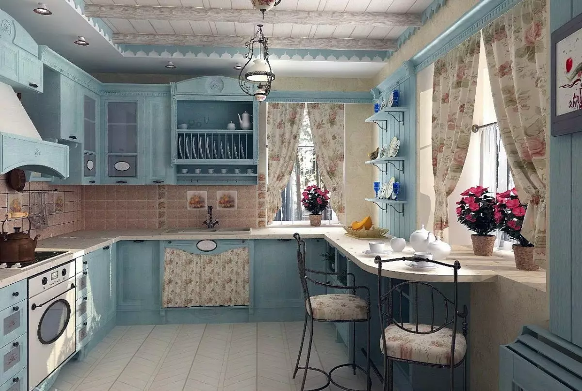 Dapur Provence (130 foto): Reka bentuk dalaman dapur putih, alat dengar dapur dalam gaya zaitun. Bagaimana untuk mengatur dinding? Bagaimana untuk menghiasi bilik dengan bunga dan lukisan? 21162_31