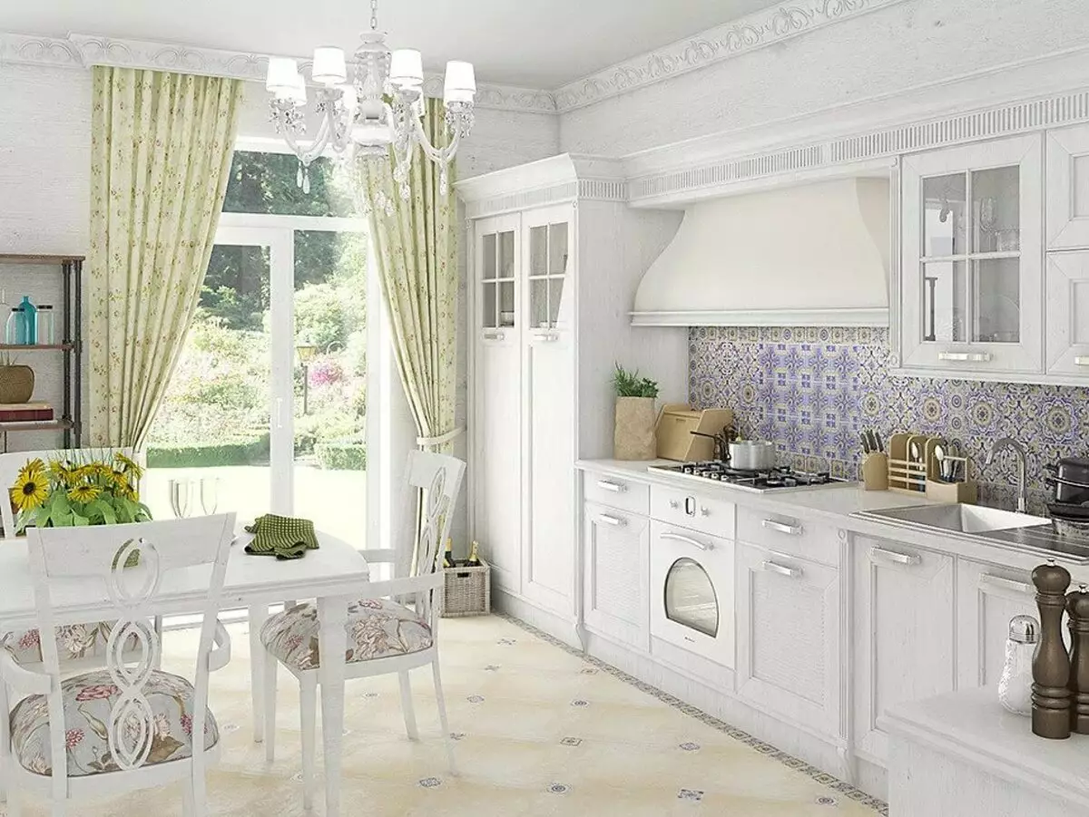 Provence Kitchen (130 fotoğraf): Beyaz mutfak iç tasarım, zeytin tarzında mutfak kulaklık. Duvarları nasıl düzenlenir? Odayı çiçekler ve resimlerle süslemek nasıl? 21162_46