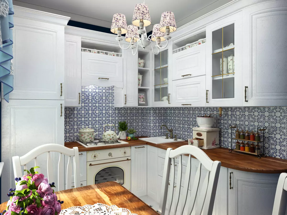 Provence Keittiö (130 kuvaa): Valkoinen keittiö sisustus, keittiön kuulokkeet oliivityylillä. Kuinka järjestää seinät? Kuinka koristella huone kukkia ja maalauksia? 21162_54