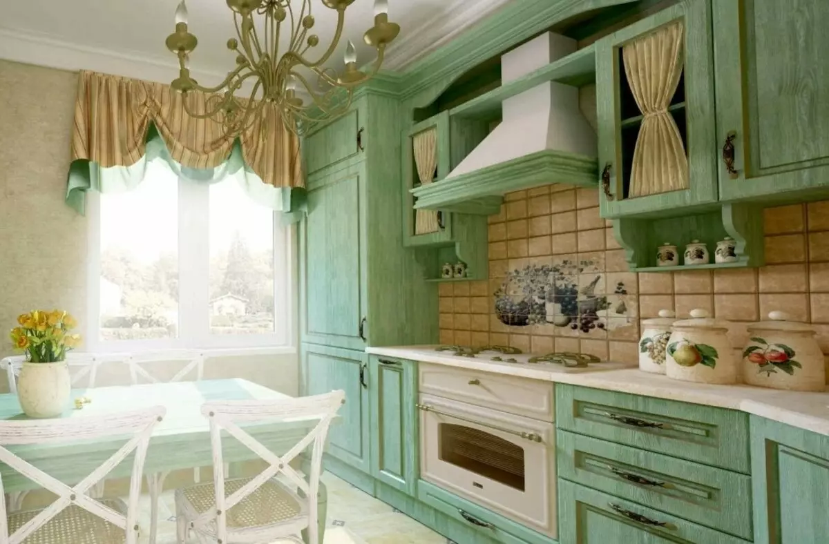 Provence Keittiö (130 kuvaa): Valkoinen keittiö sisustus, keittiön kuulokkeet oliivityylillä. Kuinka järjestää seinät? Kuinka koristella huone kukkia ja maalauksia? 21162_56