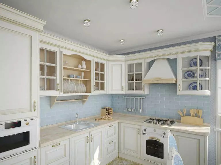 آشپزخانه پرونس (130 عکس): طراحی داخلی آشپزخانه سفید، هدست آشپزخانه در سبک زیتون. چگونه دیوارها را ترتیب دهید؟ چگونه اتاق را با گل و نقاشی تزئین کنیم؟ 21162_72