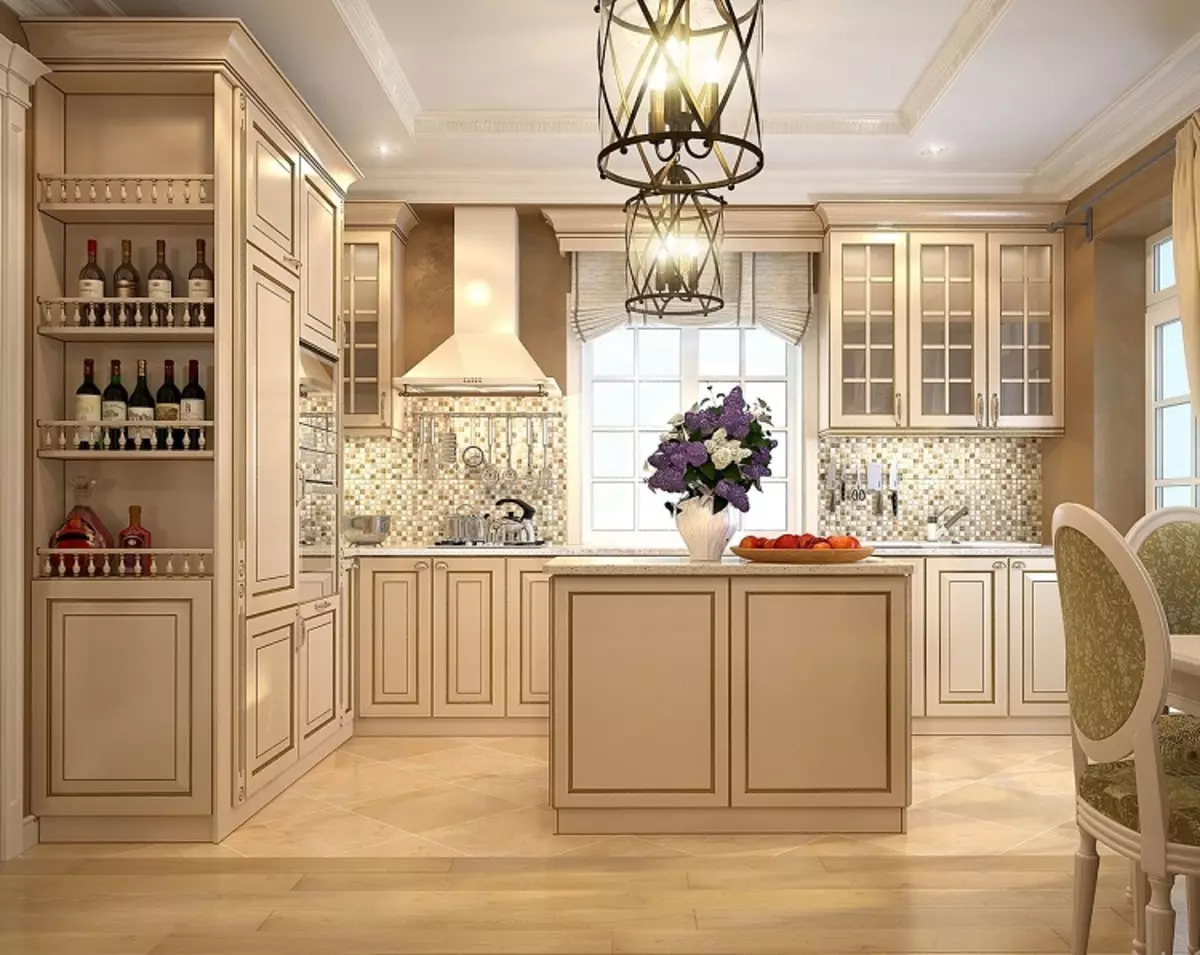 Neoclassic रसोई (102 फोटो): Neoclassical शैली में सफेद रसोई, ग्रे रसोई के सिर के साथ रसोई आंतरिक डिजाइन 21163_15