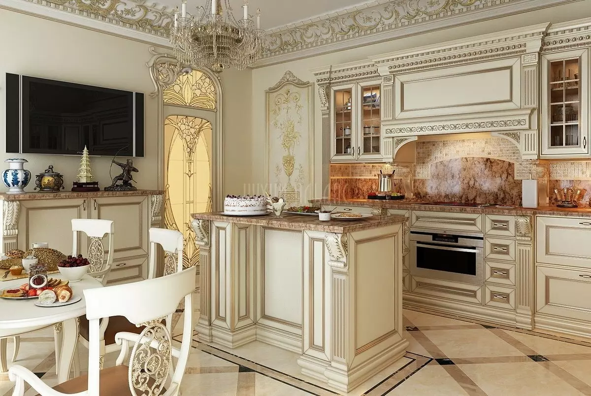 Baroque और Rococo रसोई (40 तस्वीरें): इंटीरियर में Baroque की शैली में छोटे और बड़े रसोई फर्नीचर का डिजाइन 21173_26