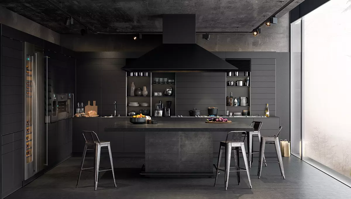 Black Kitchen (100 Foto): Hitam Beludru Kitchen Set dengan kayu dalam desain interior, dapur matte dan glossy dalam warna abu-abu-hitam, desain dinding hitam 21175_13