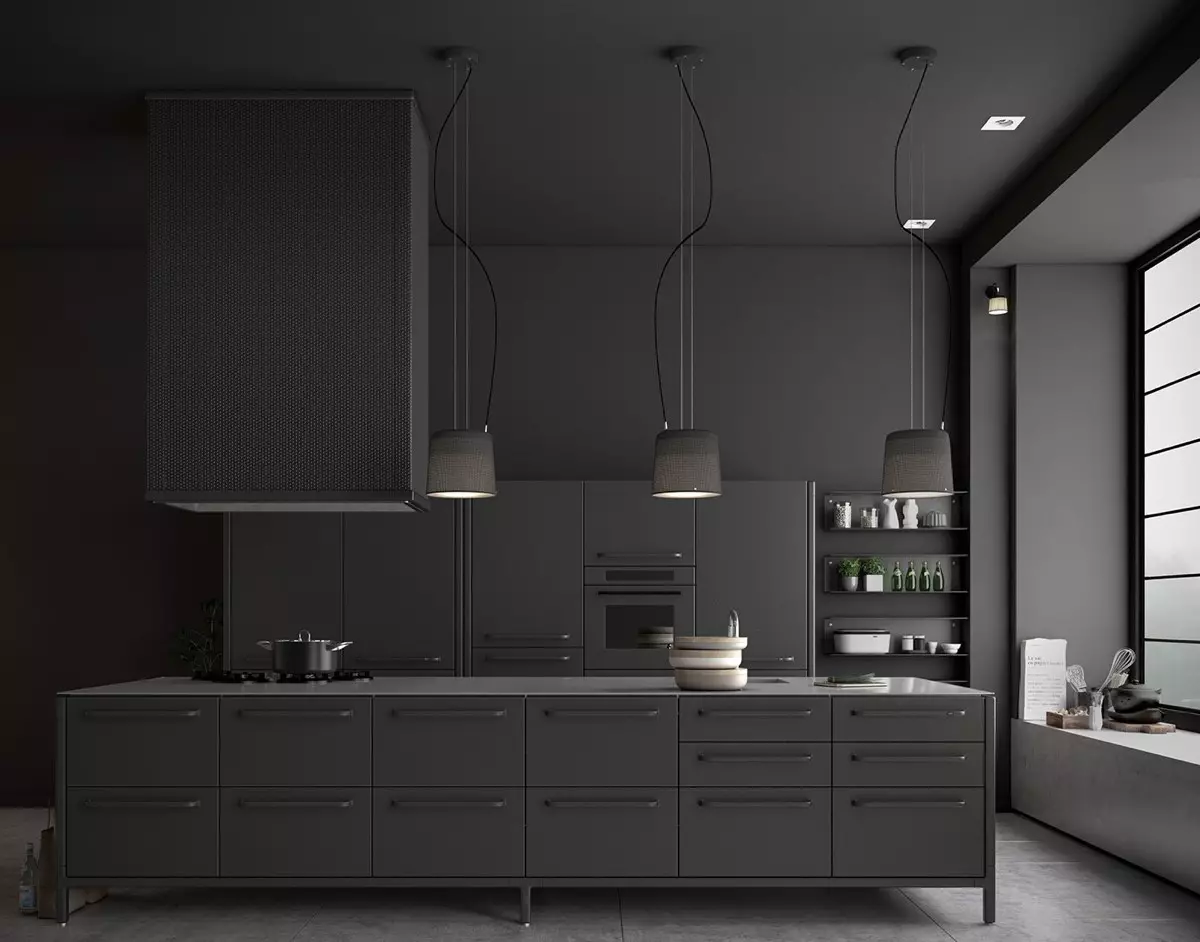Crna kuhinja (100 fotografija): Black Velvet kuhinja komplet s drveta u dizajn interijera, mat i sjajna kuhinja u sivo-crnoj boji, crni zid dizajn 21175_14