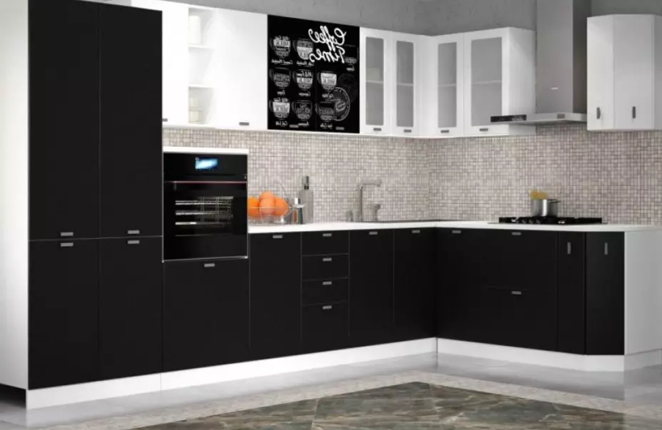Zwarte keuken (100 foto's): zwart fluwelen keuken set met hout in het interieur, matte en glanzende keuken in grijs-zwarte kleuren, zwarte muur ontwerp 21175_18