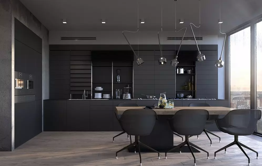 Černá kuchyně (100 photos): černá samet kuchyňská sada se dřevem v interiérovém designu, matné a lesklé kuchyně v šedo černé barvy, černá stěna design 21175_24