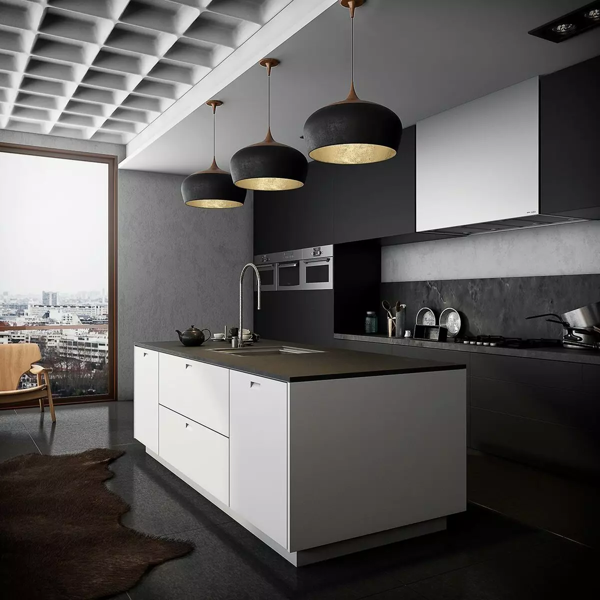 Svart kjøkken (100 bilder): svart fløyel kjøkken sett med tre i interiør, matt og glanset kjøkken i grå-svart farger, svart vegg design 21175_33