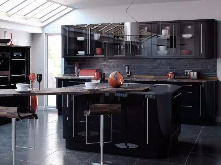 Sort køkken (100 billeder): sort fløjl køkken sæt med træ i indretning, matt og blankt køkken i grå-sorte farver, sort væg design 21175_94