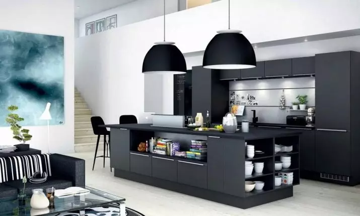 Kuzhinë e zezë (100 foto): Kuzhina e zezë kadifeje e vendosur me dru në dizajn të brendshëm, kuzhinë matte dhe me shkëlqim në ngjyrë gri-të zeza, dizajn i zi 21175_96