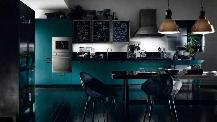 Црна кујна (100 фотографии): Црна кадифена кујна поставена со дрво во дизајнот на ентериер, мат и сјајна кујна во сива црна боја, дизајн на црн ѕид 21175_97