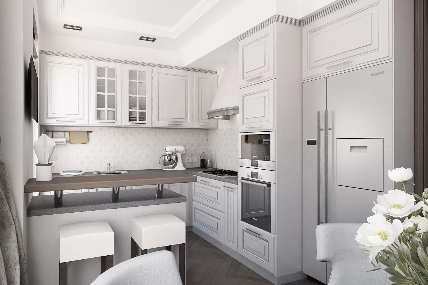 Bucătăriile unghiulare albe (46 fotografii): căști de bucătărie lucioasă și mată în stilul interior, modern și clasic, din MDF și plastic 21179_11