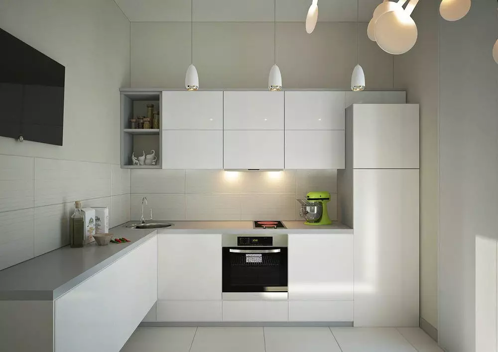 Bucătăriile unghiulare albe (46 fotografii): căști de bucătărie lucioasă și mată în stilul interior, modern și clasic, din MDF și plastic 21179_37