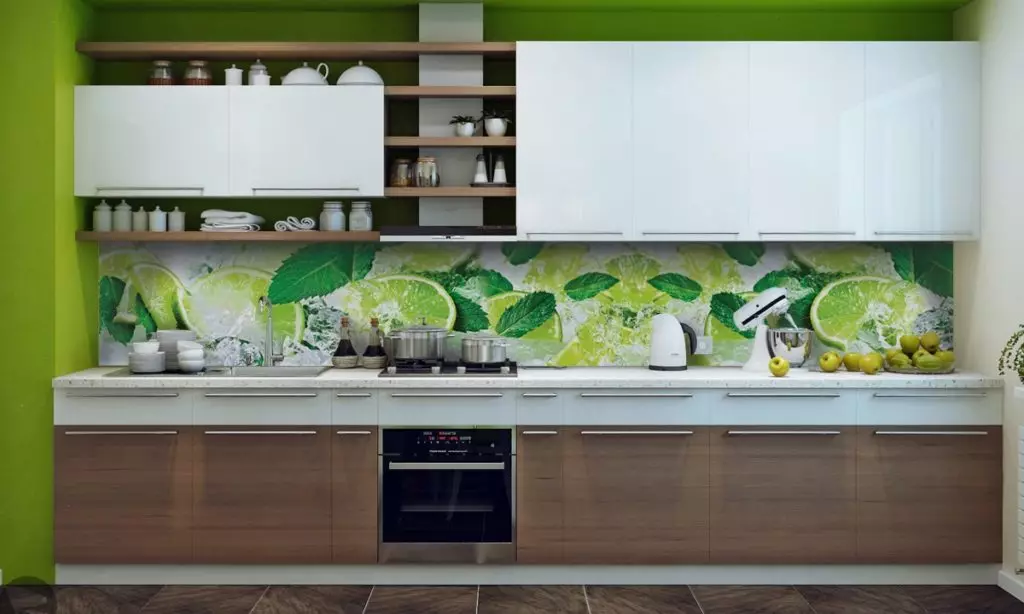 Kitchen Aventais Albico (36 fotos): Selecione os painéis para a cozinha de MDF e plástico, design de aventais prontos para paredes da série 
