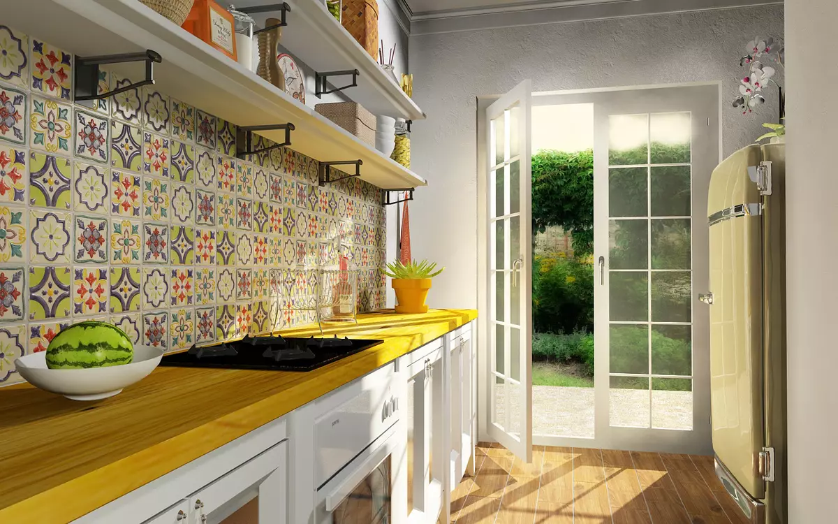 Patchwork Tile- ը գոգնոցի համար խոհանոց (39 լուսանկար). Ոճի առանձնահատկություններ, խոհանոցի գոգնոց սեւ եւ սպիտակ գամմայում 21194_26
