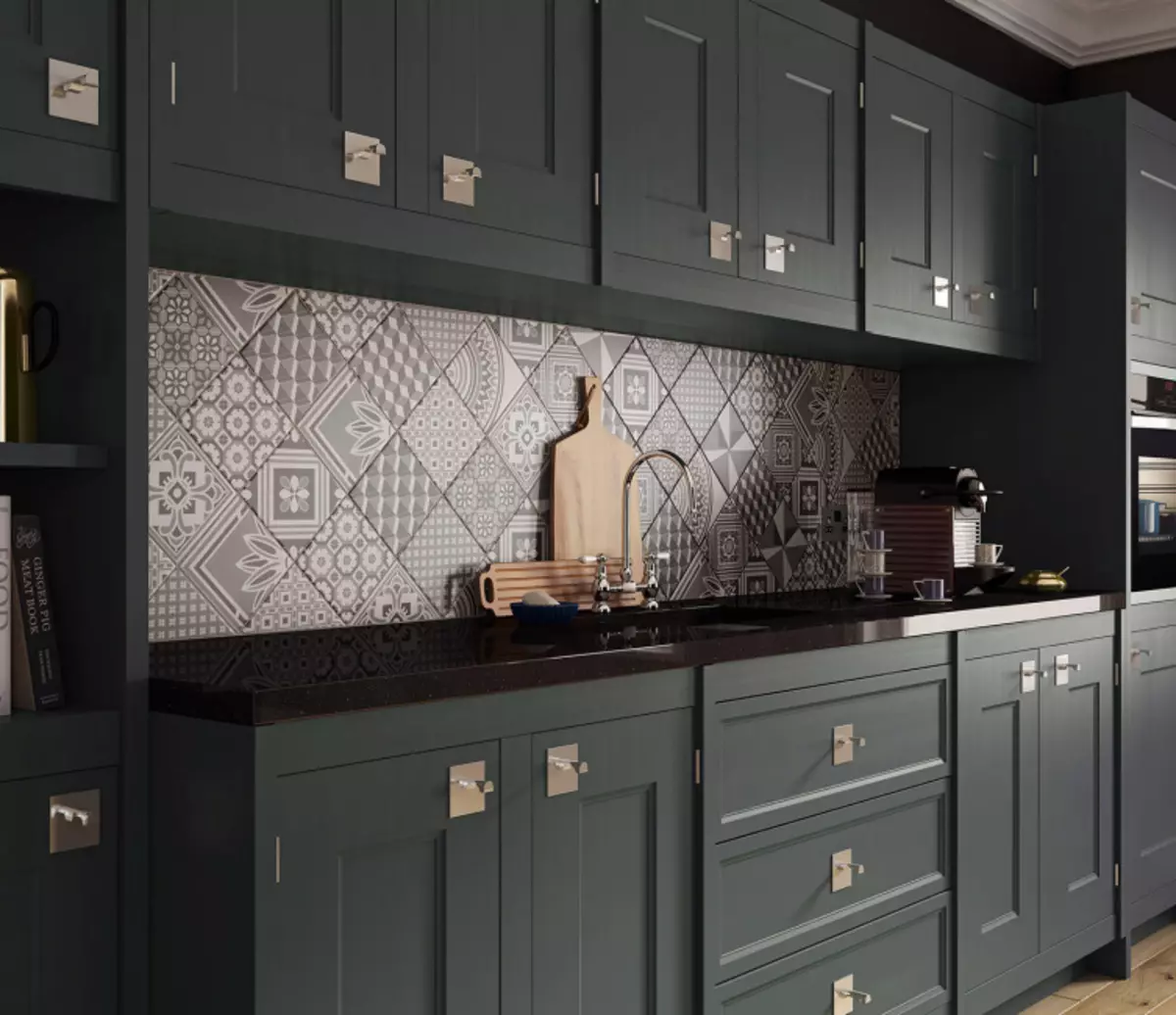 Azulejo de patchwork para delantal en la cocina (39 fotos): Características del estilo, delantal de la cocina en blanco y negro Gamme 21194_4