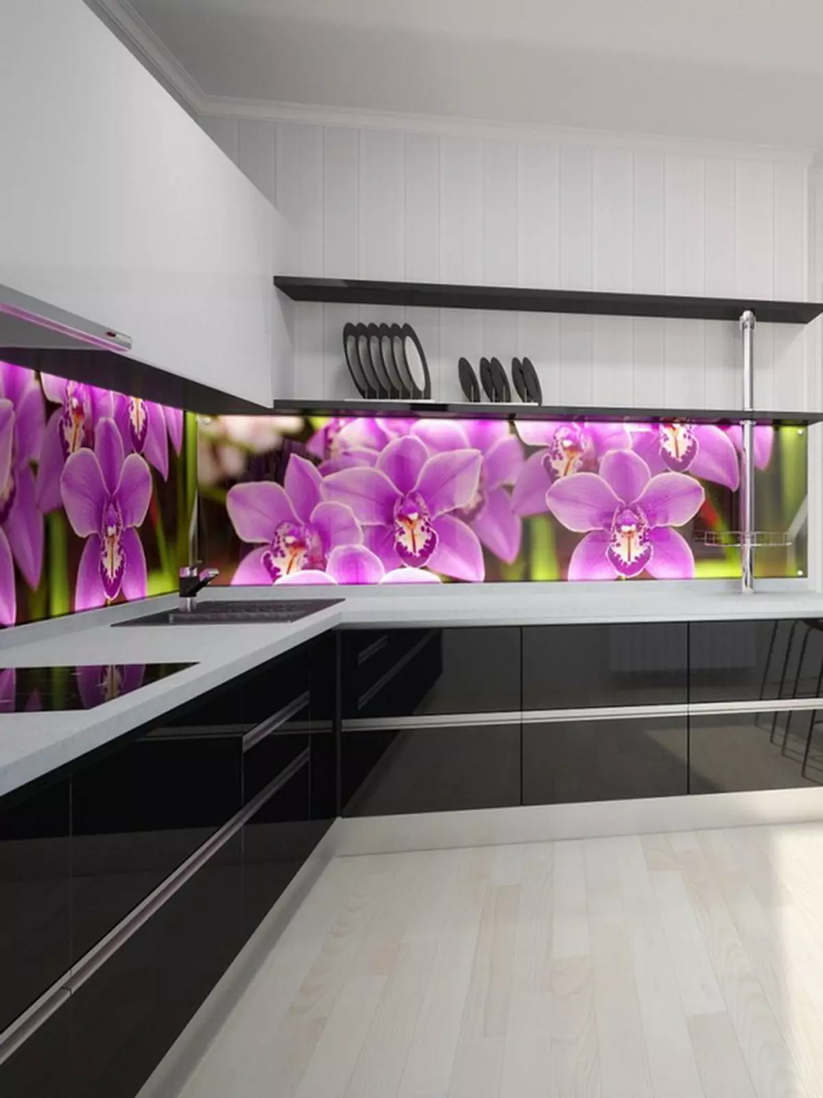 Tabliers en verre avec impression photo pour la cuisine (46 photos): Tabliers de cuisine de verre trempé avec orchidées, café et autres options de conception 21202_22