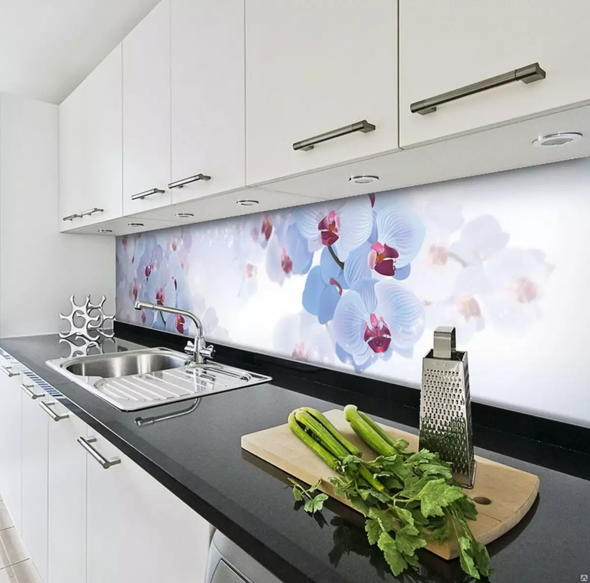 玻璃围裙与厨房的照片打印（46张照片）：厨房围裙的钢化玻璃与兰花，咖啡和其他设计选项 21202_9