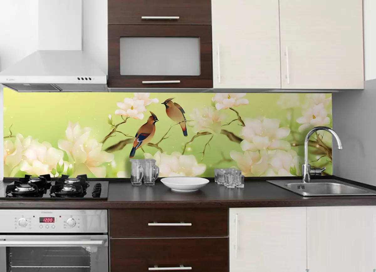 Prijuostės virtuvėms nuo MDF (65 nuotraukos): sienų virtuvės plokštės su modelio ir nuotraukų spausdinimu, plytelių ir medienos apdailos parinktys 21205_16