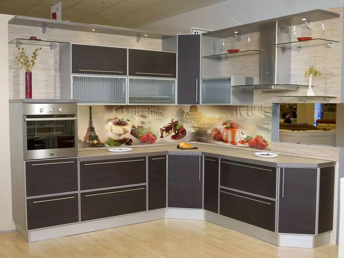 Prijuostės virtuvėms nuo MDF (65 nuotraukos): sienų virtuvės plokštės su modelio ir nuotraukų spausdinimu, plytelių ir medienos apdailos parinktys 21205_9