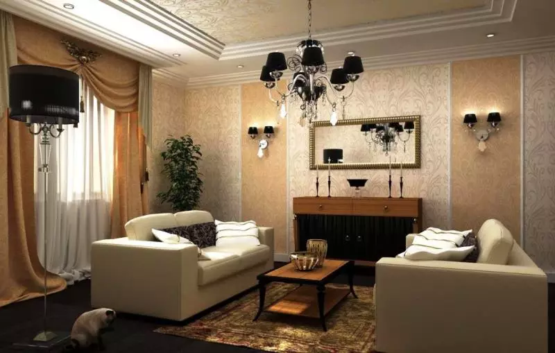 Wallpaper untuk apartmen di apartmen (78 foto): Wallpaper yang indah di dinding dewan 18 meter persegi. M, pilihan reka bentuk dalaman dengan kertas dinding 3D 2021. Bagaimana untuk memilih kertas dinding untuk ruang tamu kecil di Khrushchev? 21223_33