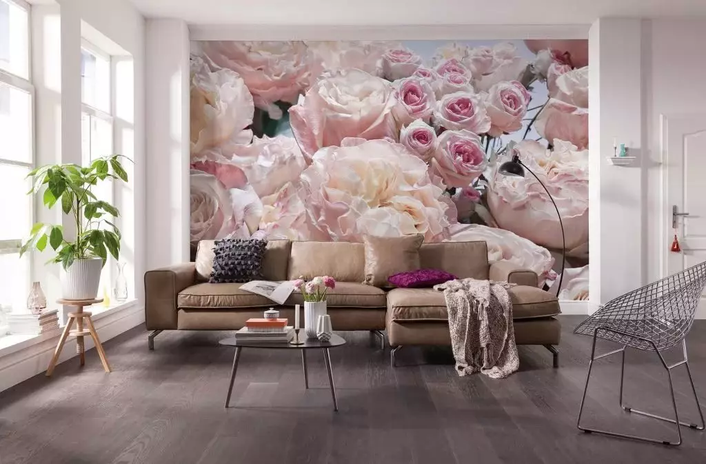 Tapetai salėje (162 nuotraukos): gražus tapetai ant sienos į kambarį 2021, Provanso stiliaus parinkčių apžvalga, pasirinkite tamsiai, pilka ir kita tapetų spalvų 21224_18
