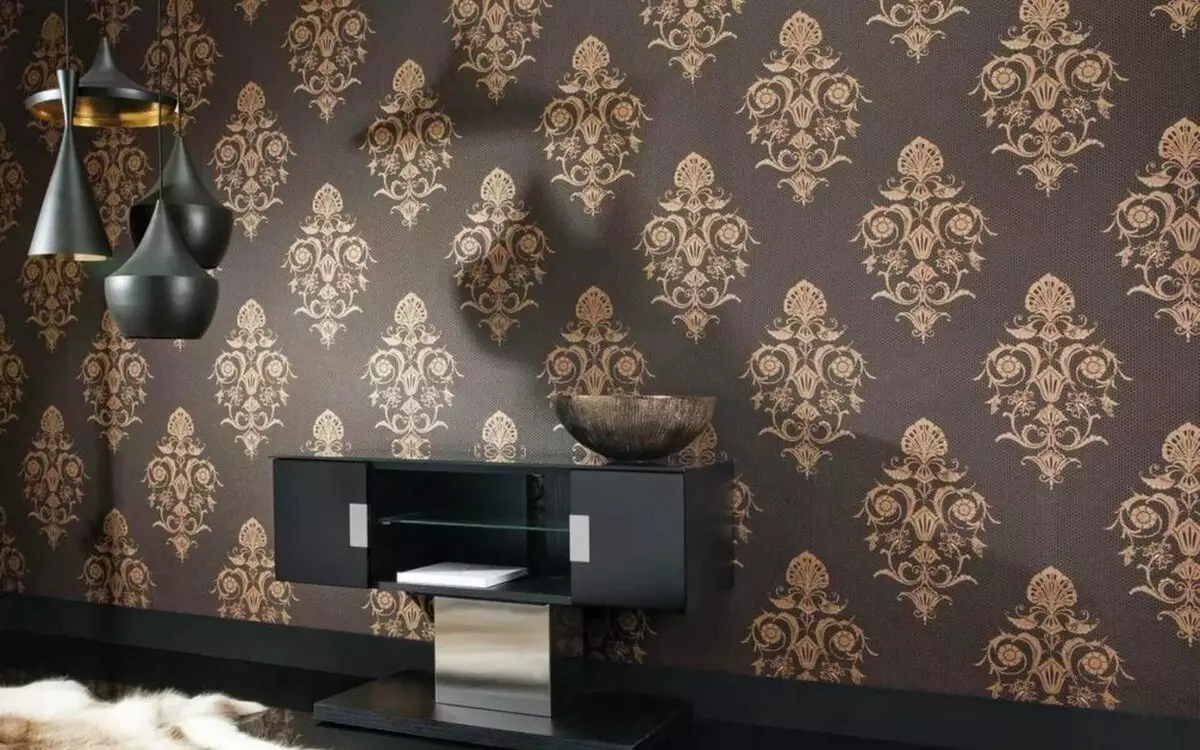 Wallpaper in the Hall (162 fotos): Hermoso fondo de pantalla en la pared en la sala de estar 2021, Descrición xeral das opcións de estilo Provence, escoller cores escuras, grises e outras cores de fondo 21224_67