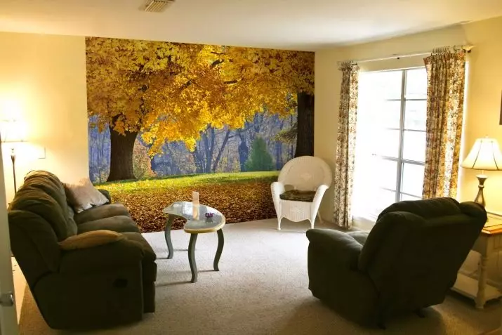 Sieninė siena į salę (111 nuotraukos): nuotraukų tapetų dizainas su rožėmis gyvenamojo kambario interjere, tapetų pasirinkimas, plati erdvė, ant sienos virš sofos ir kitose vietose 21225_111