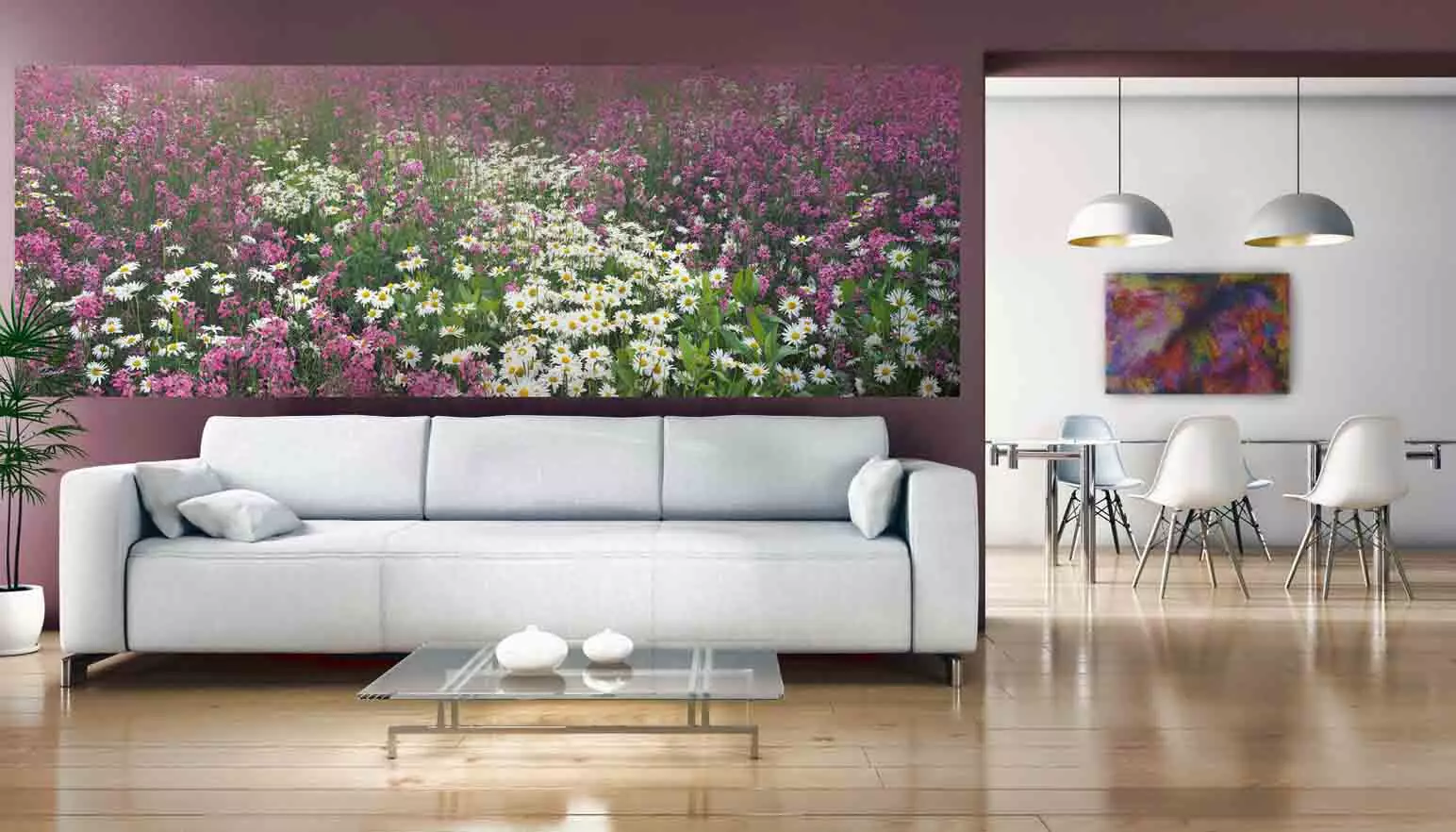 دیوار دیواری به سالن (111 عکس): طراحی تصویر زمینه عکس با گل رز در داخل اتاق نشیمن، انتخاب تصاویر پس زمینه، گسترش فضای، بر روی دیوار بالای مبل و در مکان های دیگر 21225_3