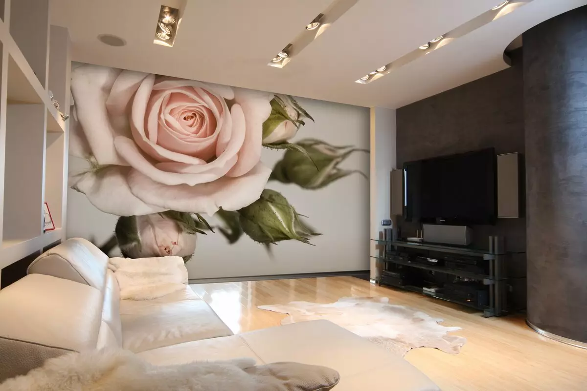 Sieninė siena į salę (111 nuotraukos): nuotraukų tapetų dizainas su rožėmis gyvenamojo kambario interjere, tapetų pasirinkimas, plati erdvė, ant sienos virš sofos ir kitose vietose 21225_40