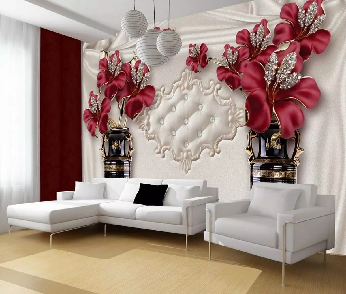 Bức tranh tường đến hội trường (111 ảnh): Thiết kế hình nền ảnh với hoa hồng trong nội thất phòng khách, sự lựa chọn hình nền, mở rộng không gian, trên tường phía trên ghế sofa và ở những nơi khác 21225_59
