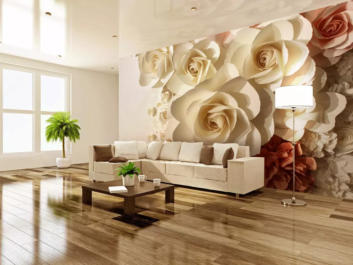 Bức tranh tường đến hội trường (111 ảnh): Thiết kế hình nền ảnh với hoa hồng trong nội thất phòng khách, sự lựa chọn hình nền, mở rộng không gian, trên tường phía trên ghế sofa và ở những nơi khác 21225_89
