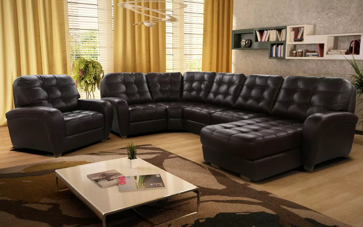 Leather Sofas sa living room (28 mga larawan): Interior design na may malaking elite brown at iba pang mga kulay na katad na supa 21230_2