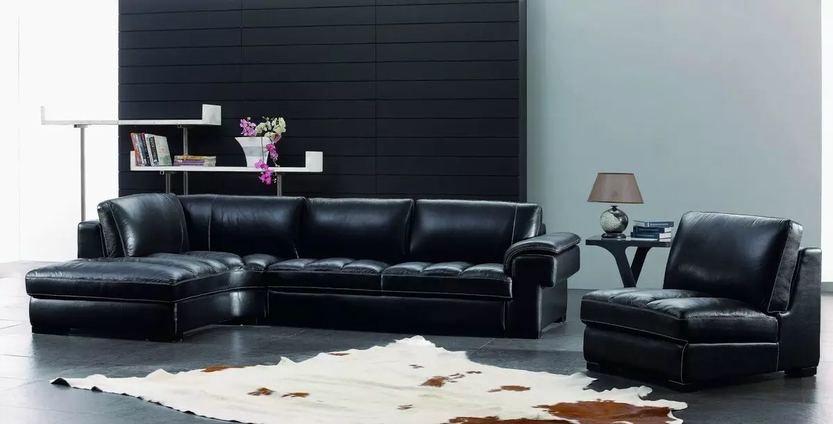 Leather Sofas sa living room (28 mga larawan): Interior design na may malaking elite brown at iba pang mga kulay na katad na supa 21230_6