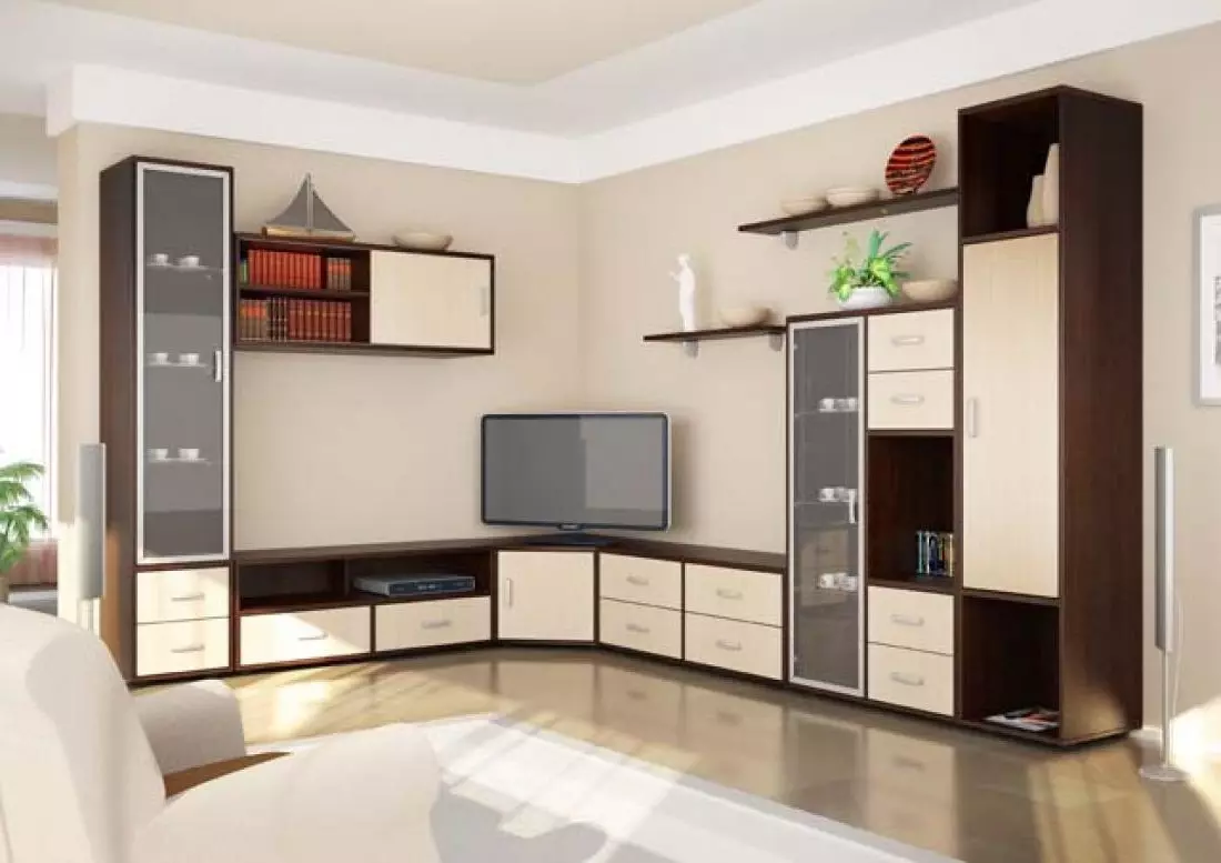 Moderné diapozitívy pre obývaciu izbu (74 fotografií): modulárne a iné posuvné steny v miestnosti v modernom štýle. Módne nezvyčajné novinky 21238_10
