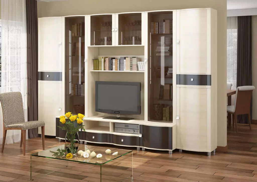 Moderné diapozitívy pre obývaciu izbu (74 fotografií): modulárne a iné posuvné steny v miestnosti v modernom štýle. Módne nezvyčajné novinky 21238_12
