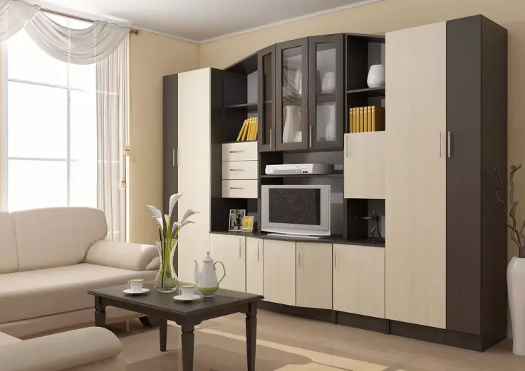 Moderné diapozitívy pre obývaciu izbu (74 fotografií): modulárne a iné posuvné steny v miestnosti v modernom štýle. Módne nezvyčajné novinky 21238_13