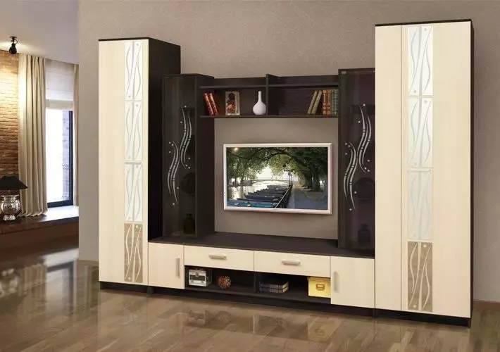 Moderné diapozitívy pre obývaciu izbu (74 fotografií): modulárne a iné posuvné steny v miestnosti v modernom štýle. Módne nezvyčajné novinky 21238_15