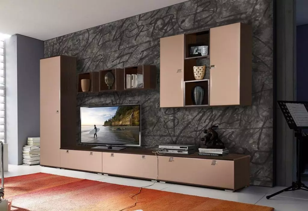 Moderné diapozitívy pre obývaciu izbu (74 fotografií): modulárne a iné posuvné steny v miestnosti v modernom štýle. Módne nezvyčajné novinky 21238_25