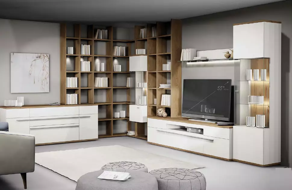 Eckwände im Wohnzimmer (80 Fotos): Wählen Sie die modernen modularen Wände mit einem Kleiderschrank und einer Mini-Mauer im klassischen Stil aus 21241_17